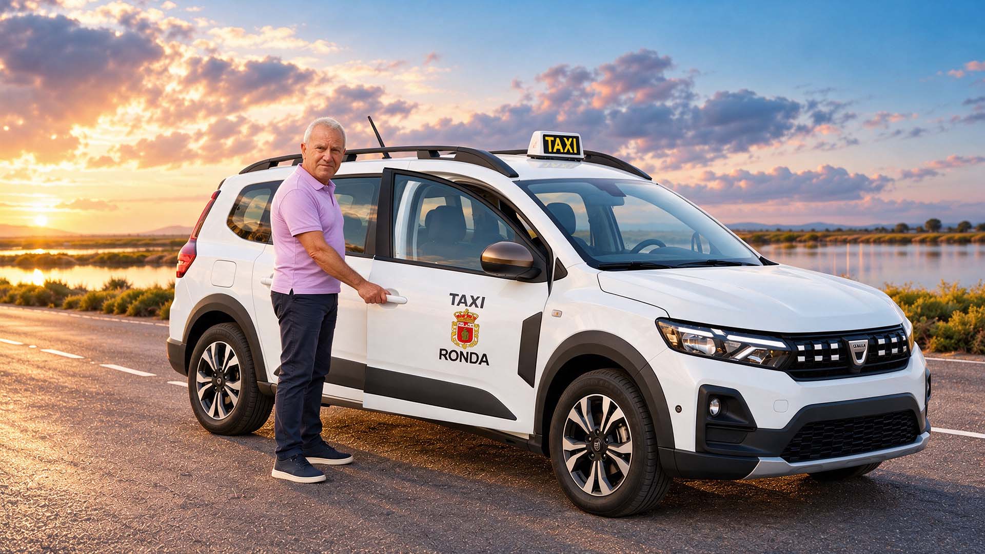 Rafael Almario junto a su taxi, un Dacia Jogger, en Ronda